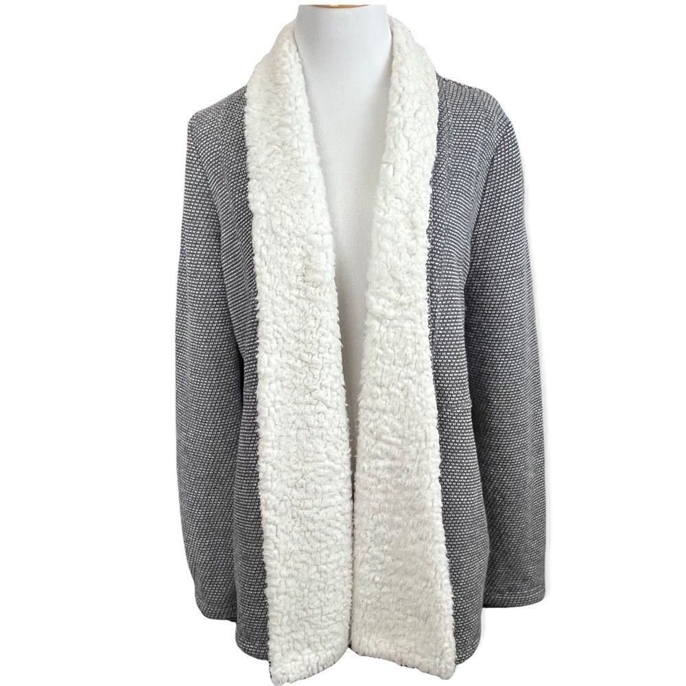 Jack By BB Dakota Tweed And Sherpa Style Open Cardigan Jacket Gray and White L